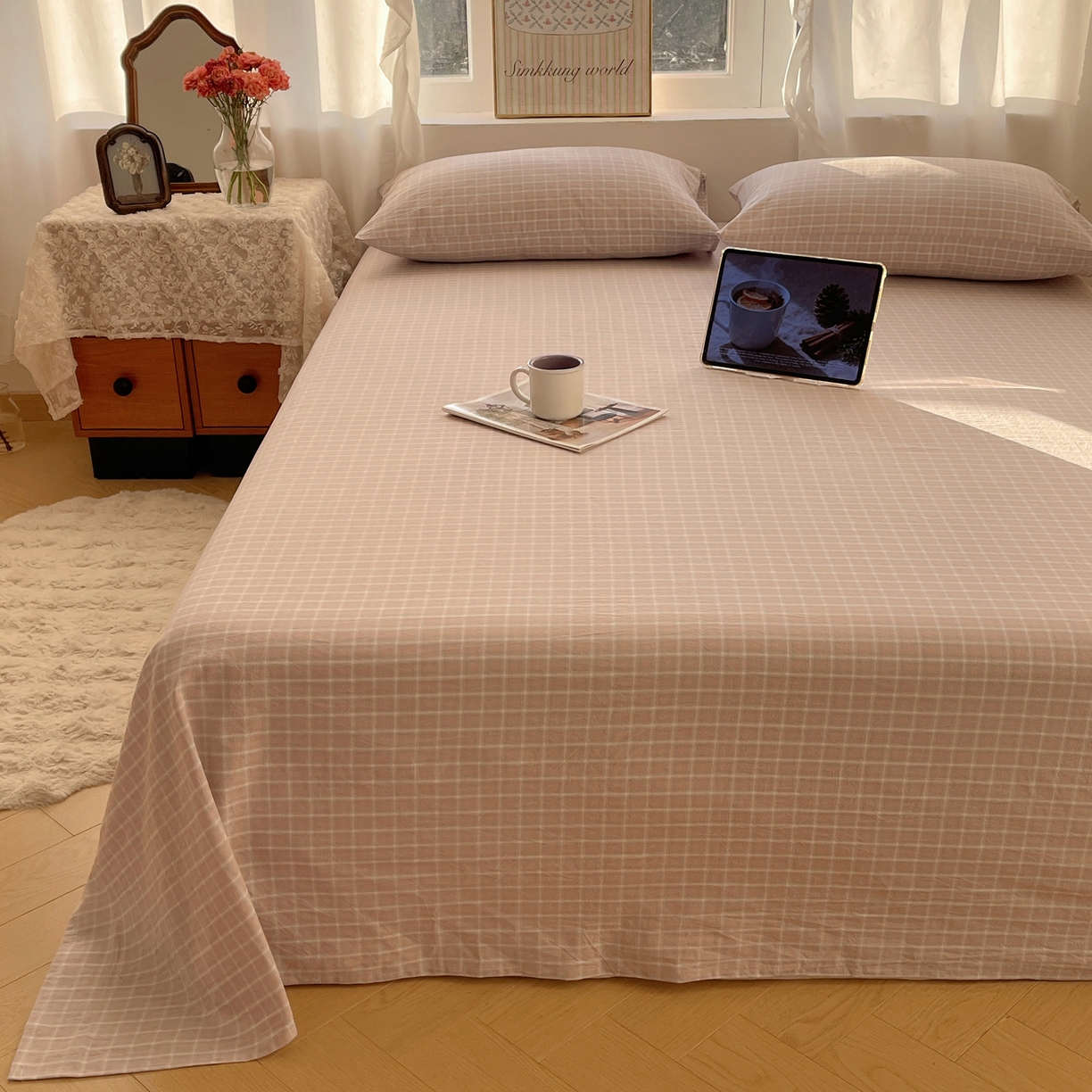 91家纺网 家纺一手货源 找家纺 六巷胡同 2026新款A类全棉纯棉水洗棉色织格子单品床单 床单单件 知序-灰格