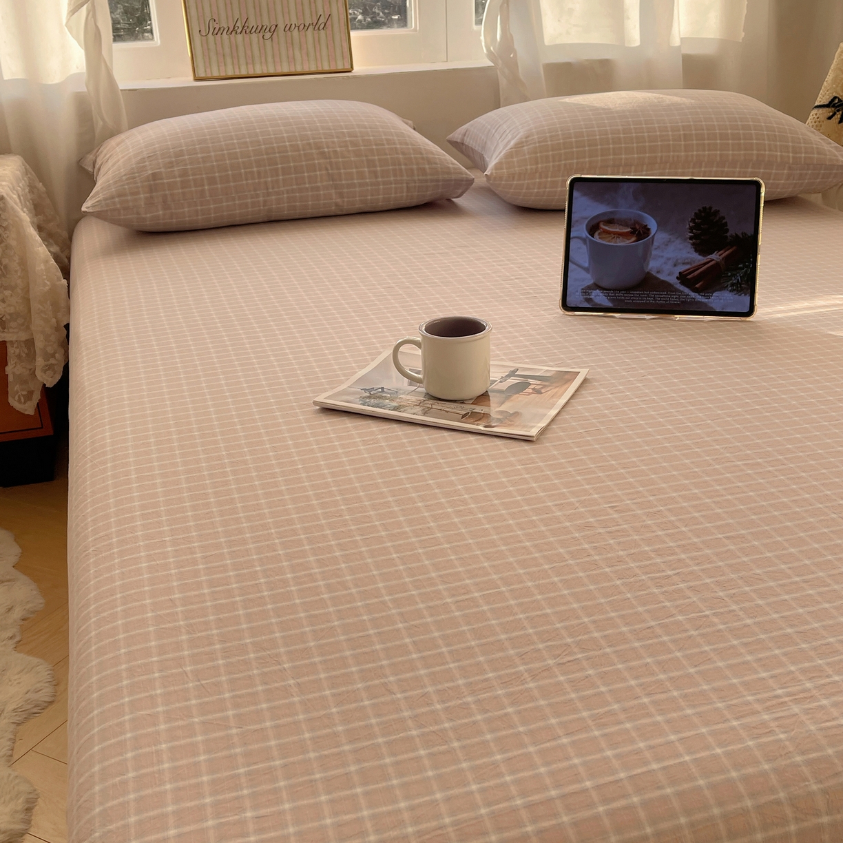 91家纺网 家纺一手货源 找家纺 六巷胡同 2026新款A类全棉纯棉水洗棉色织格子单品床单 床单单件 知序-灰格