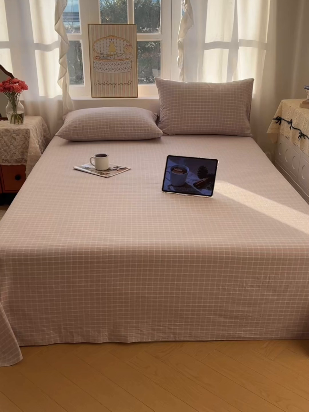 91家纺网 家纺一手货源 找家纺 六巷胡同 2026新款A类全棉纯棉水洗棉色织格子单品床单 床单单件 知序-灰格