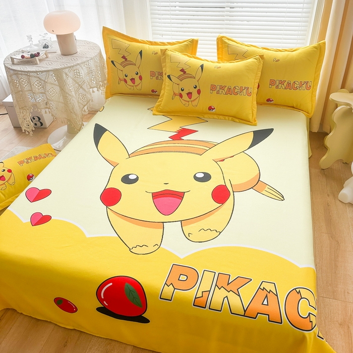 91家纺网 家纺一手货源 找家纺 一电 2026新款卡通床单单件被单学生宿舍被罩三件套单人儿童上下床床单-磨毛床单 第一批 奔跑皮卡丘