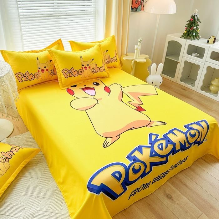 91家纺网 家纺一手货源 找家纺 一电 2026新款卡通床单单件被单学生宿舍被罩三件套单人儿童上下床床单-磨毛床单 第一批 唱歌皮卡丘