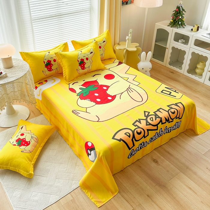 91家纺网 家纺一手货源 找家纺 一电 2026新款卡通床单单件被单学生宿舍被罩三件套单人儿童上下床床单-磨毛床单 第一批 草莓皮卡丘