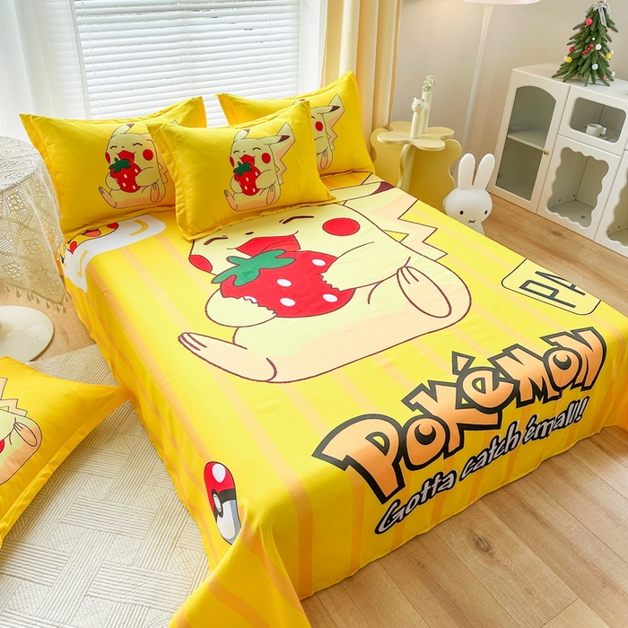 91家纺网 家纺一手货源 找家纺 一电 2026新款卡通床单单件被单学生宿舍被罩三件套单人儿童上下床床单-磨毛床单 第一批 草莓皮卡丘