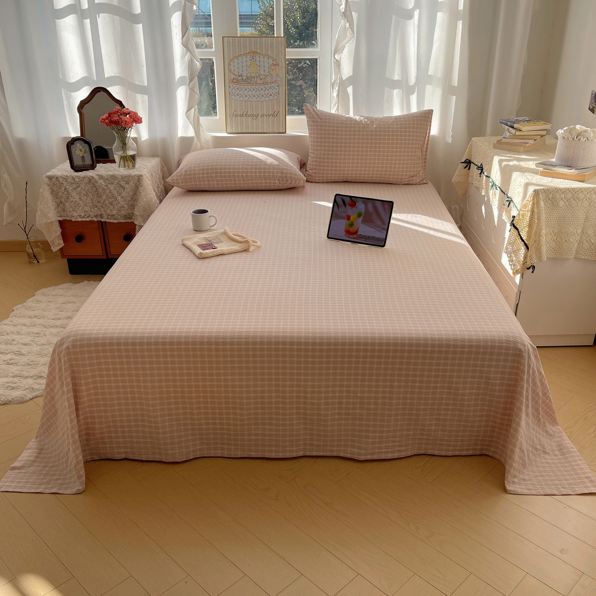 91家纺网 家纺一手货源 找家纺 六巷胡同 2026新款A类全棉纯棉水洗棉色织格子单品床单 床单单件 知序-橘格