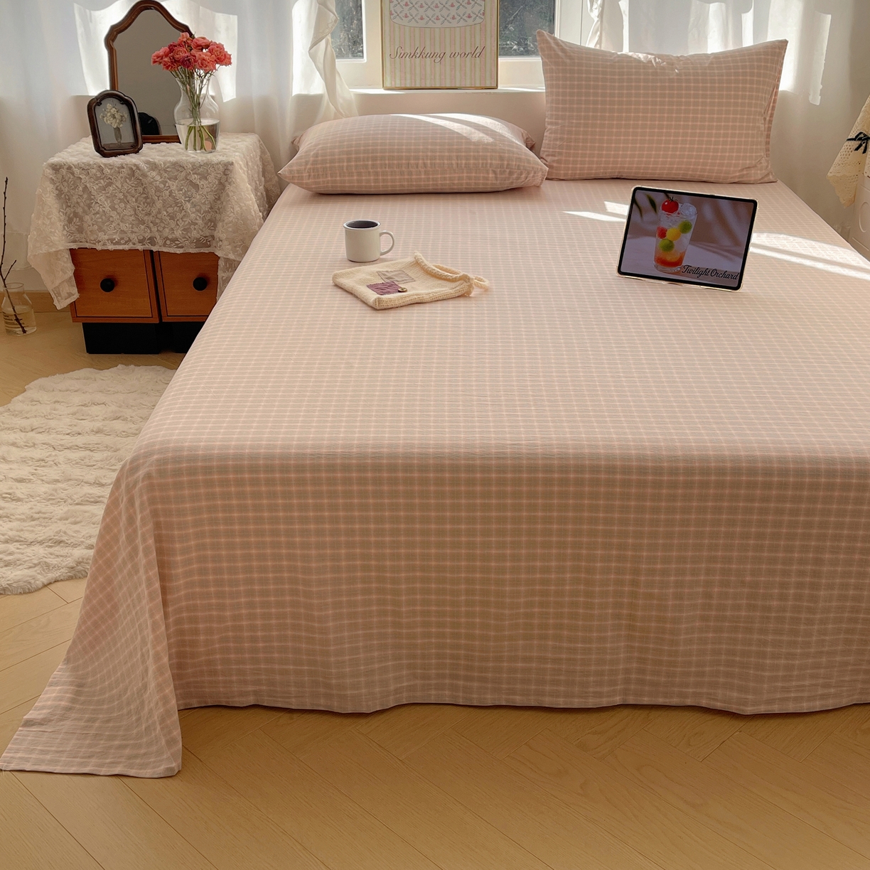 91家纺网 家纺一手货源 找家纺 六巷胡同 2026新款A类全棉纯棉水洗棉色织格子单品床单 床单单件 知序-橘格
