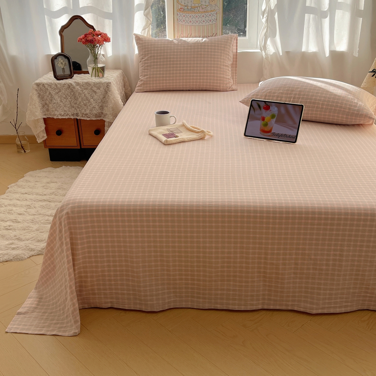 91家纺网 家纺一手货源 找家纺 六巷胡同 2026新款A类全棉纯棉水洗棉色织格子单品床单 床单单件 知序-橘格