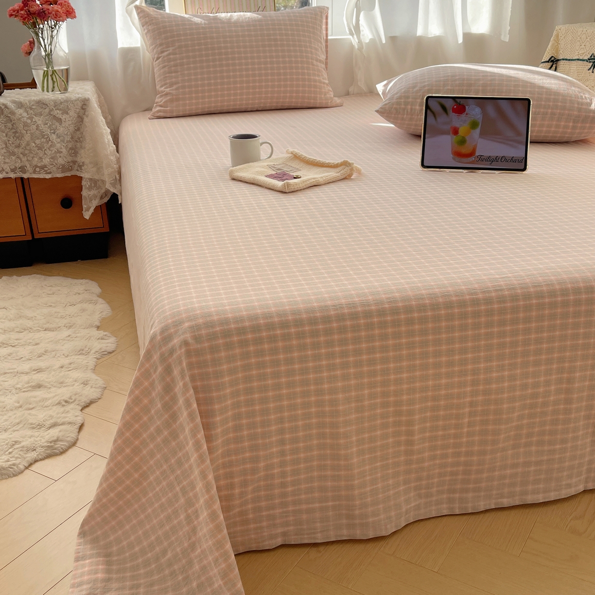 91家纺网 家纺一手货源 找家纺 六巷胡同 2026新款A类全棉纯棉水洗棉色织格子单品床单 床单单件 知序-橘格