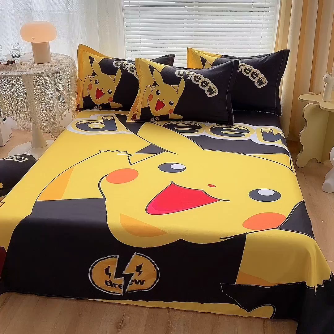 91家纺网 家纺一手货源 找家纺 一电 2026新款卡通床单单件被单学生宿舍被罩三件套单人儿童上下床床单-磨毛床单 第一批 闪电皮卡丘