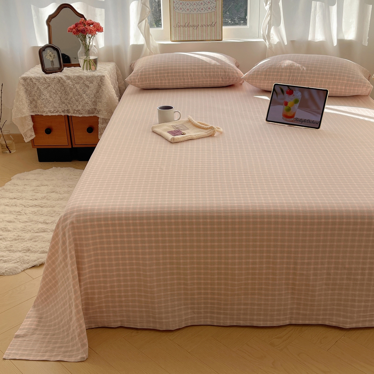 91家纺网 家纺一手货源 找家纺 六巷胡同 2026新款A类全棉纯棉水洗棉色织格子单品床单 床单单件 知序-橘格