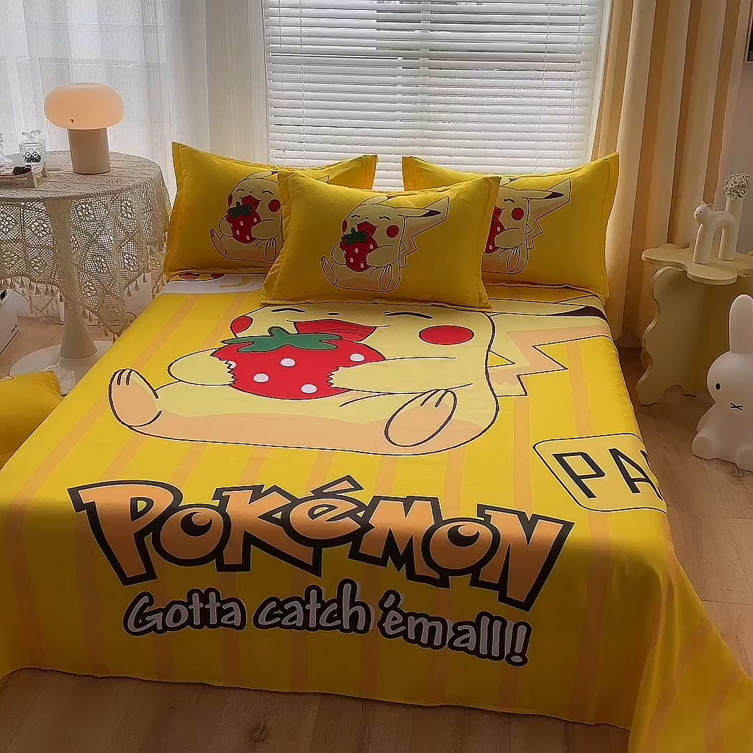 91家纺网 家纺一手货源 找家纺 一电 2026新款卡通床单单件被单学生宿舍被罩三件套单人儿童上下床床单-磨毛床单 第一批 草莓皮卡丘