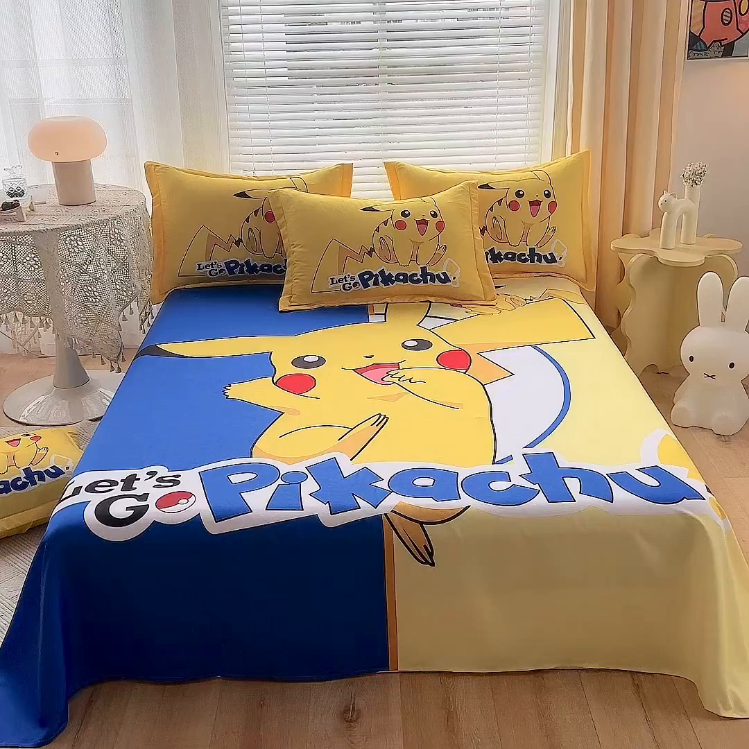 91家纺网 家纺一手货源 找家纺 一电 2026新款卡通床单单件被单学生宿舍被罩三件套单人儿童上下床床单-磨毛床单 第一批 淘气皮卡丘