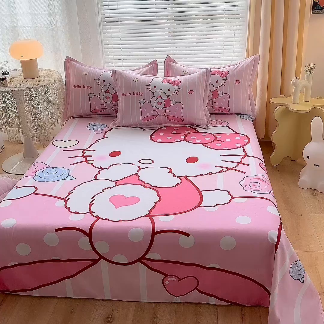 91家纺网 家纺一手货源 找家纺 一电 2026新款卡通床单单件被单学生宿舍被罩三件套单人儿童上下床床单-磨毛床单 第一批 害羞KT