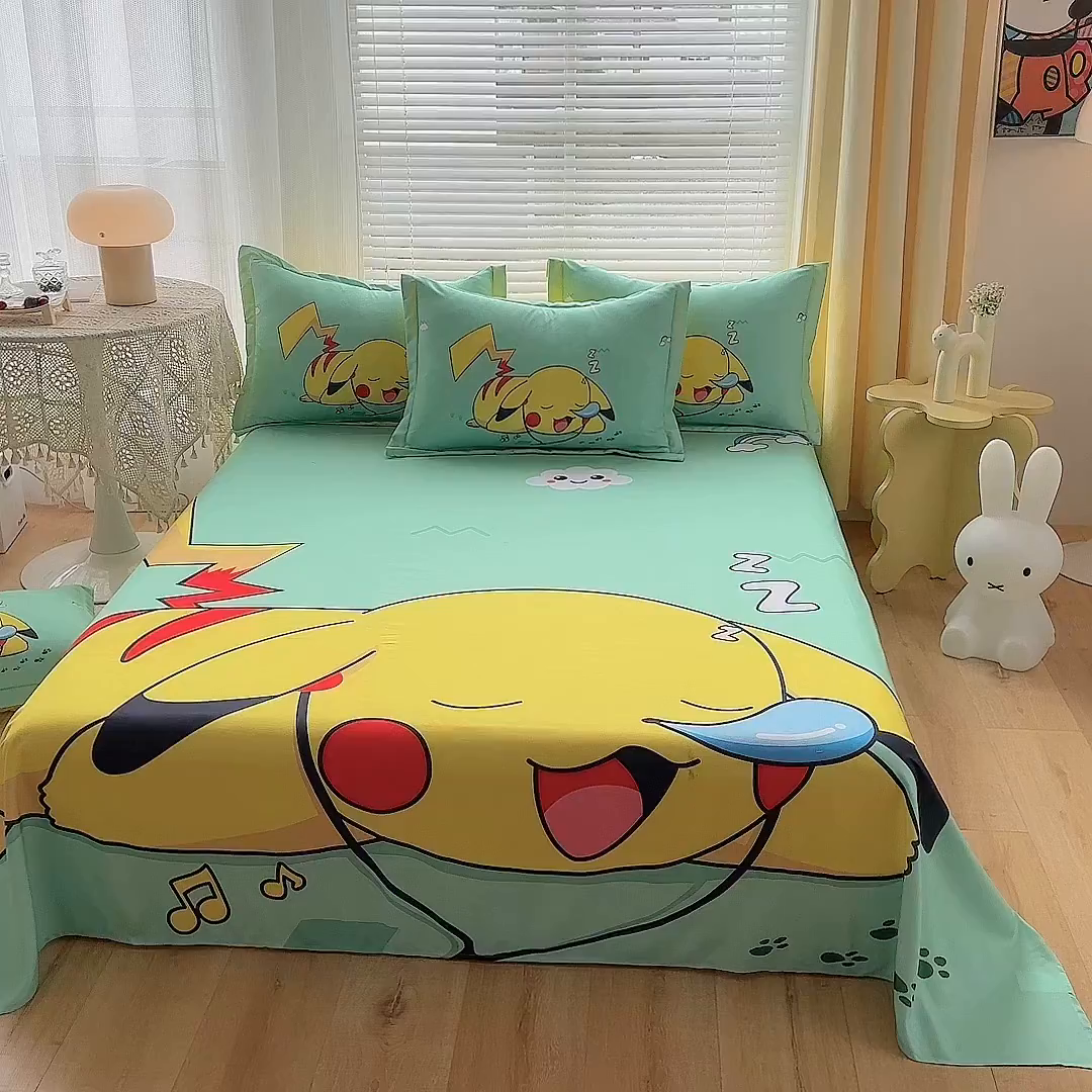 91家纺网 家纺一手货源 找家纺 一电 2026新款卡通床单单件被单学生宿舍被罩三件套单人儿童上下床床单-磨毛床单 第一批 呼呼皮卡丘