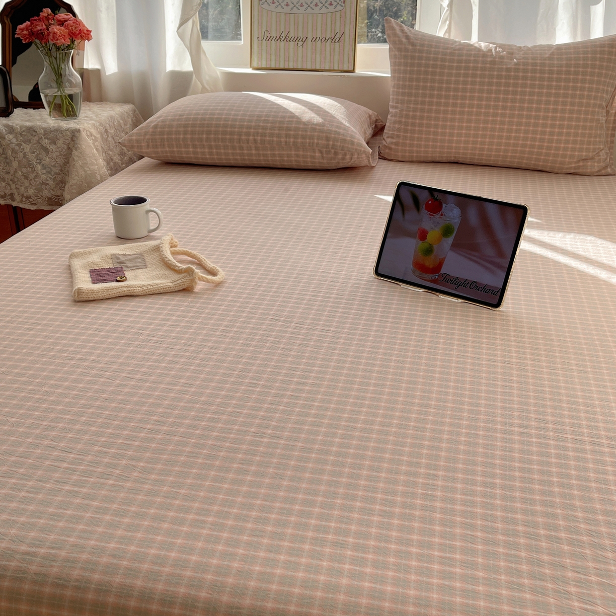 91家纺网 家纺一手货源 找家纺 六巷胡同 2026新款A类全棉纯棉水洗棉色织格子单品床单 床单单件 知序-橘格