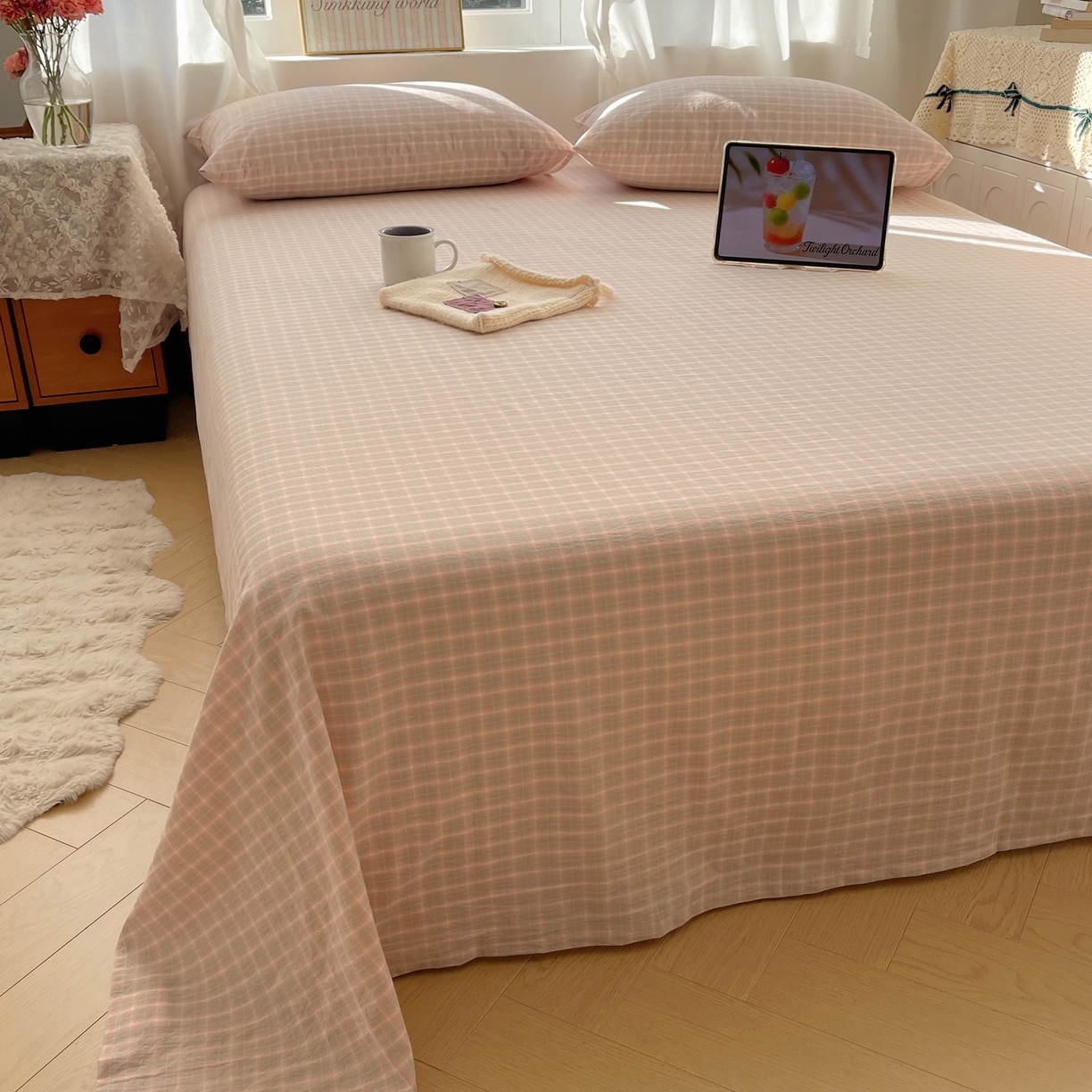 91家纺网 家纺一手货源 找家纺 六巷胡同 2026新款A类全棉纯棉水洗棉色织格子单品床单 床单单件 知序-橘格