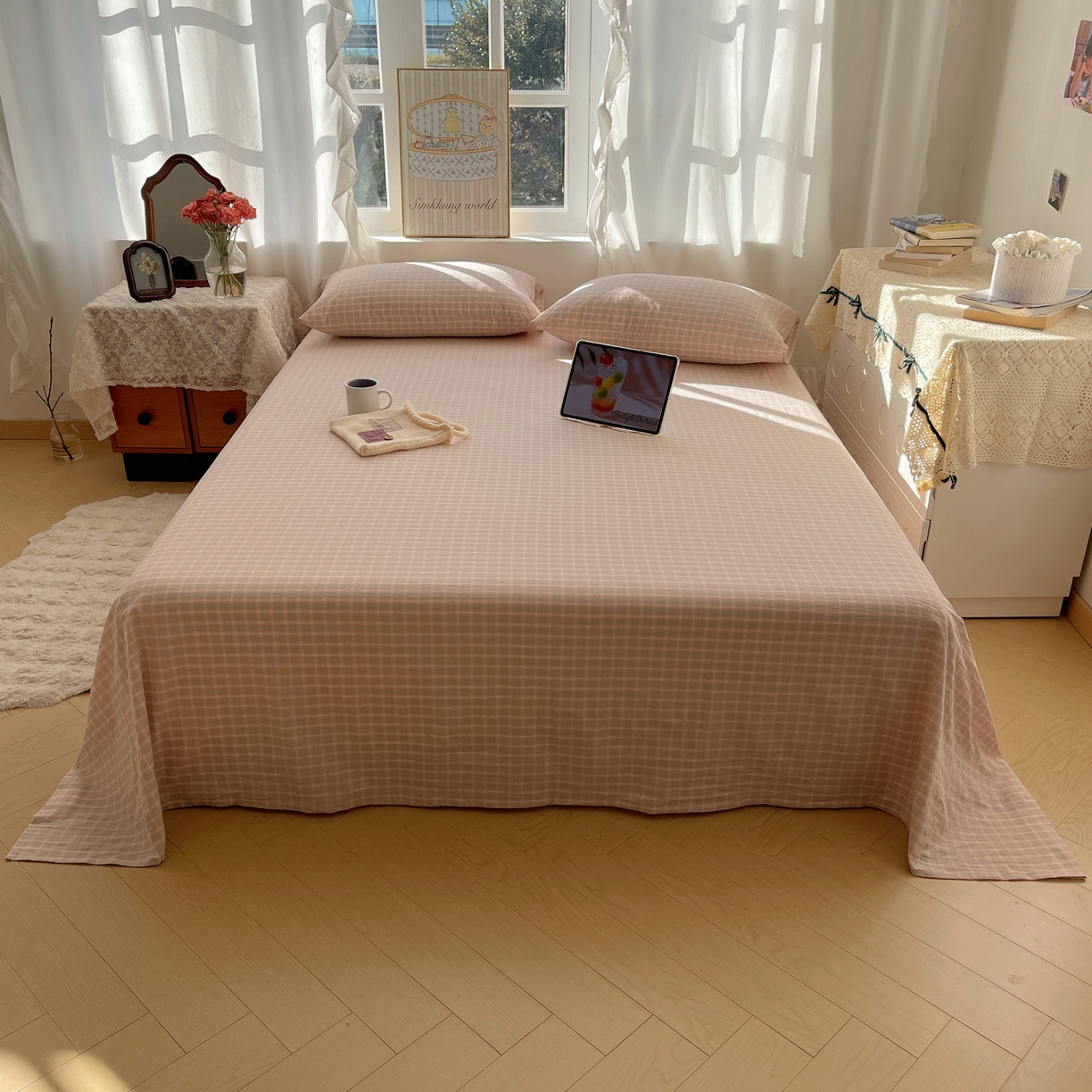 91家纺网 家纺一手货源 找家纺 六巷胡同 2026新款A类全棉纯棉水洗棉色织格子单品床单 床单单件 知序-橘格