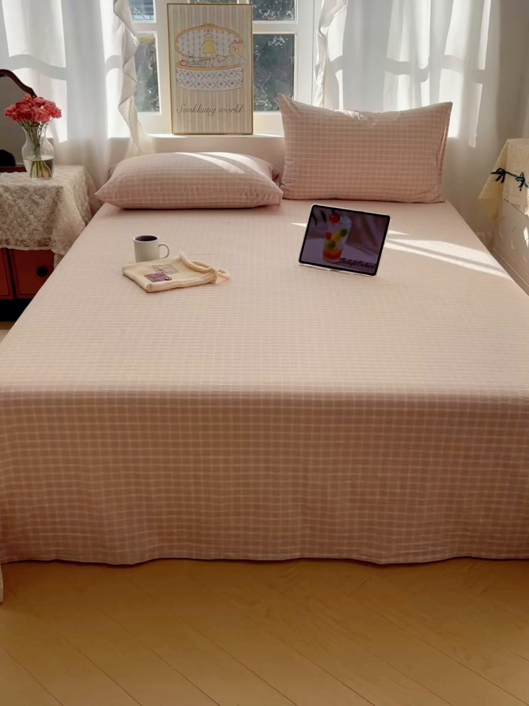 91家纺网 家纺一手货源 找家纺 六巷胡同 2026新款A类全棉纯棉水洗棉色织格子单品床单 床单单件 知序-橘格