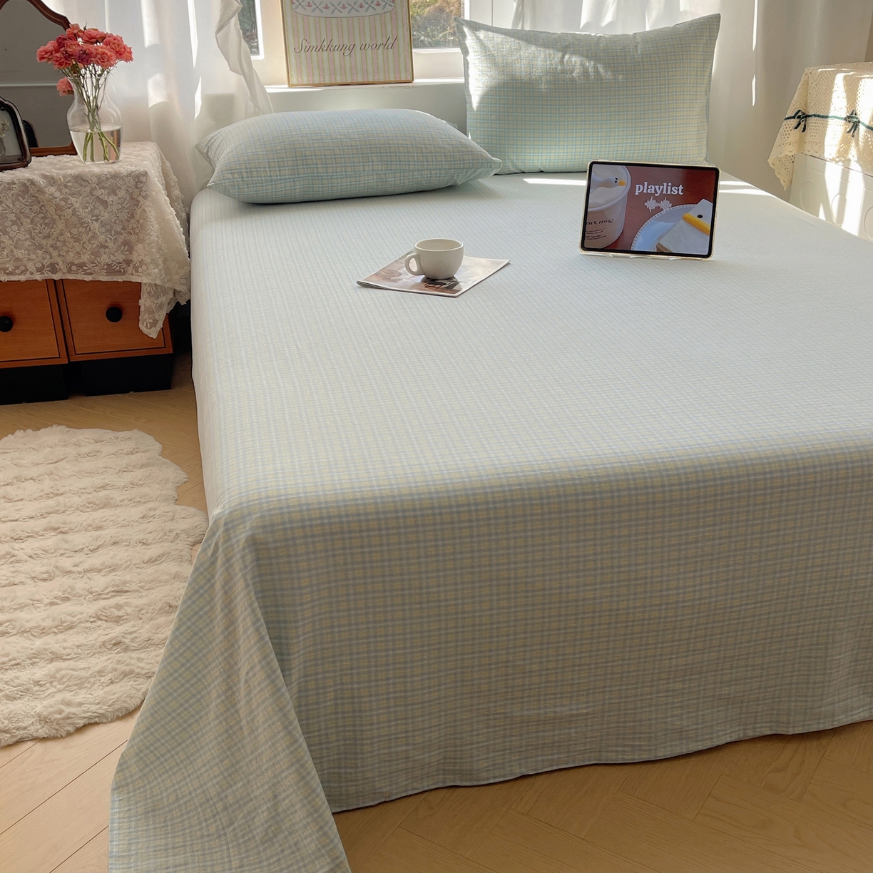 六巷胡同 2026新款A类全棉纯棉水洗棉色织格子单品床单 床单单件 知序-蓝格