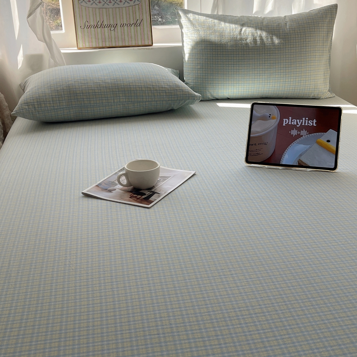 91家纺网 家纺一手货源 找家纺 六巷胡同 2026新款A类全棉纯棉水洗棉色织格子单品床单 床单单件 知序-蓝格