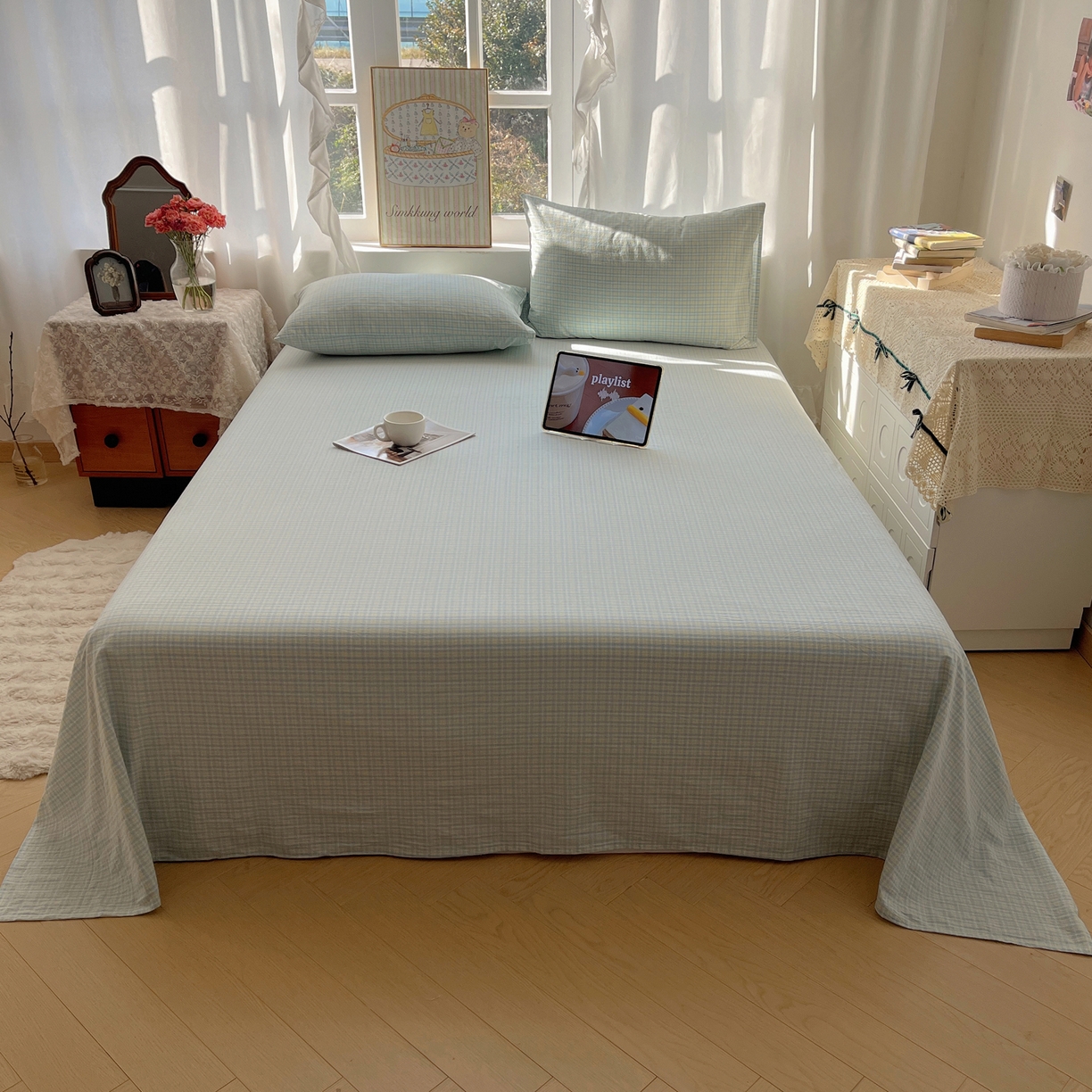 91家纺网 家纺一手货源 找家纺 六巷胡同 2026新款A类全棉纯棉水洗棉色织格子单品床单 床单单件 知序-蓝格