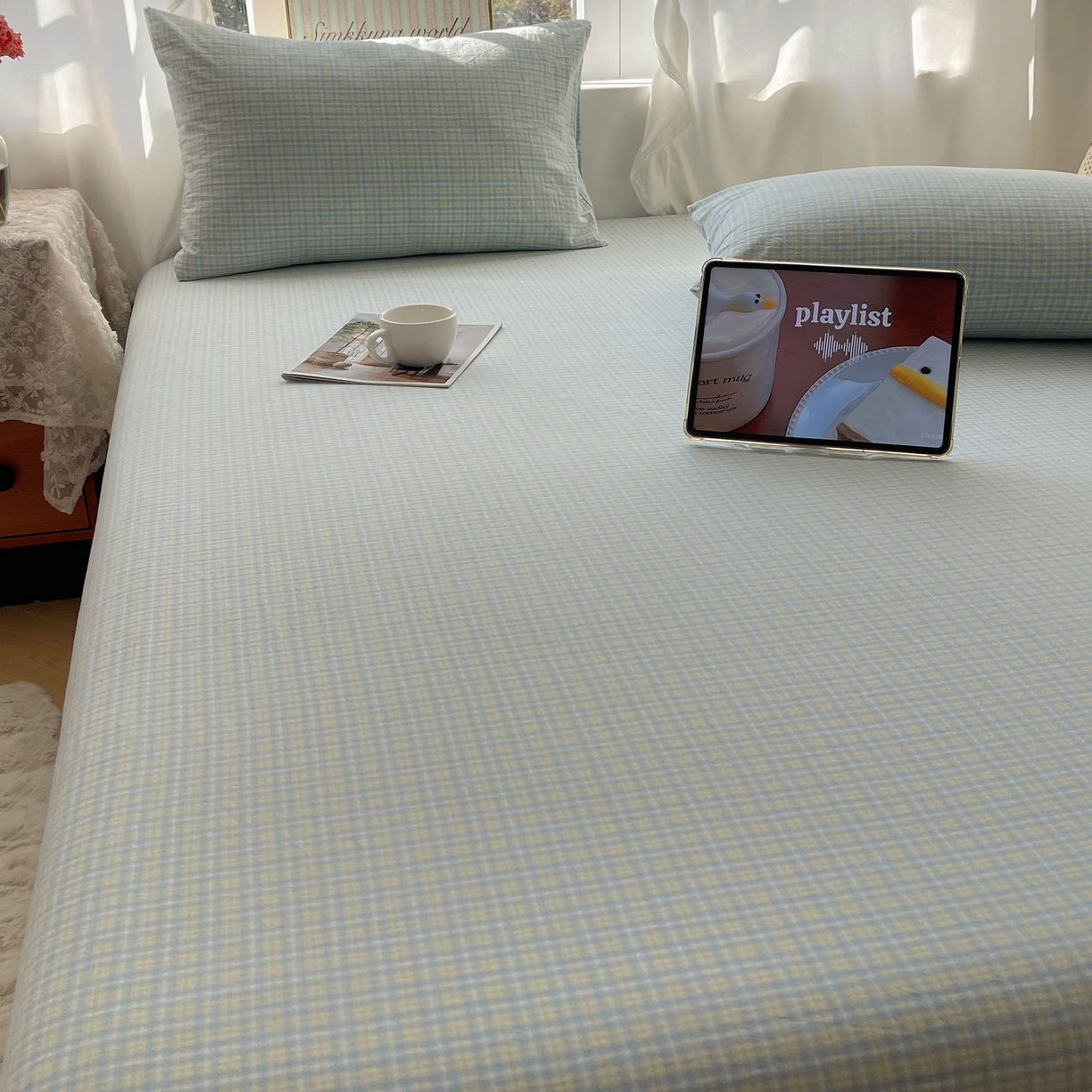 91家纺网 家纺一手货源 找家纺 六巷胡同 2026新款A类全棉纯棉水洗棉色织格子单品床单 床单单件 知序-蓝格