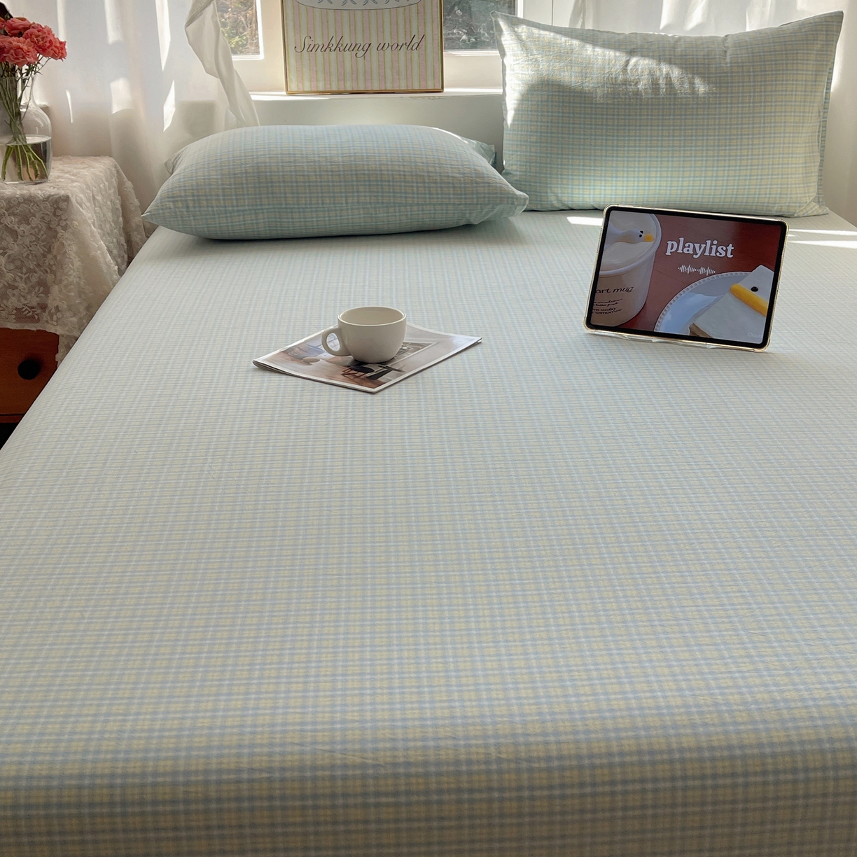 91家纺网 家纺一手货源 找家纺 六巷胡同 2026新款A类全棉纯棉水洗棉色织格子单品床单 床单单件 知序-蓝格