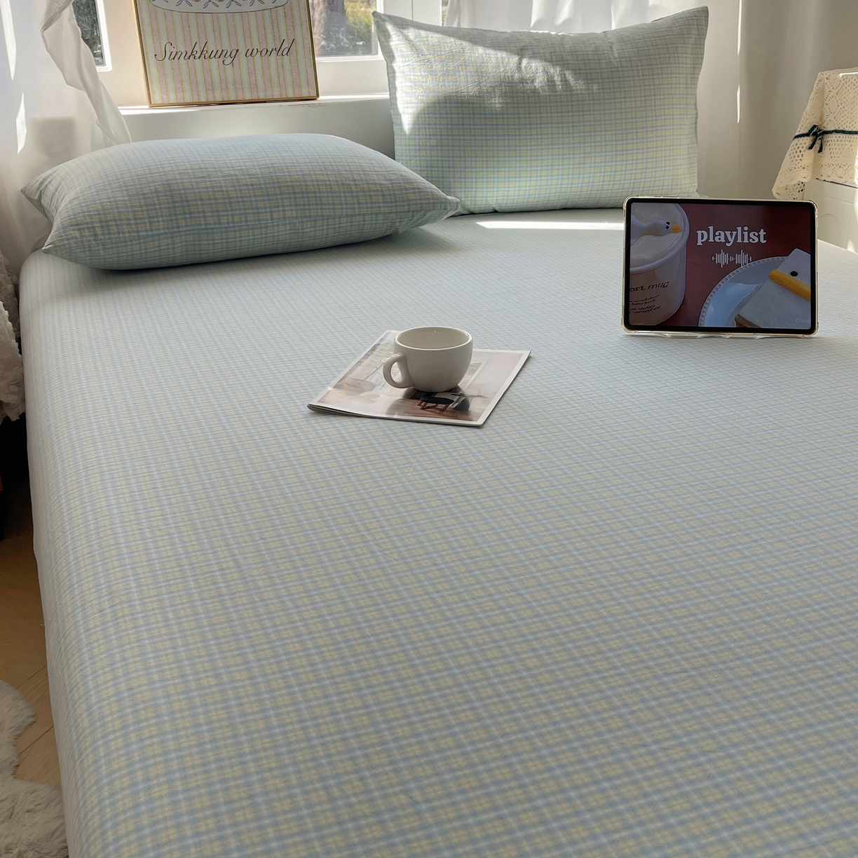 91家纺网 家纺一手货源 找家纺 六巷胡同 2026新款A类全棉纯棉水洗棉色织格子单品床单 床单单件 知序-蓝格