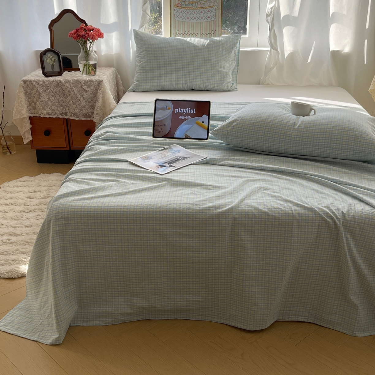 91家纺网 家纺一手货源 找家纺 六巷胡同 2026新款A类全棉纯棉水洗棉色织格子单品床单 床单单件 知序-蓝格