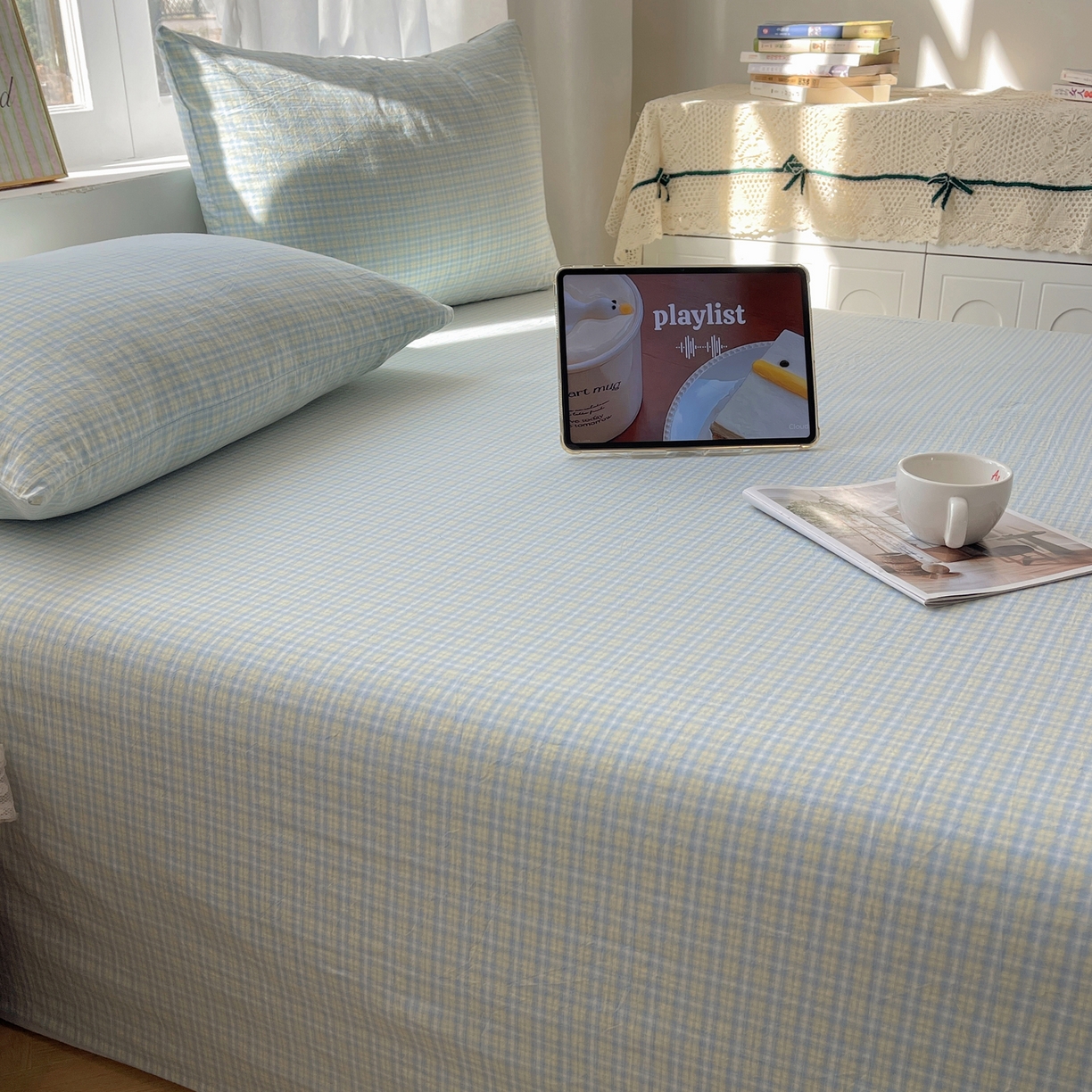 91家纺网 家纺一手货源 找家纺 六巷胡同 2026新款A类全棉纯棉水洗棉色织格子单品床单 床单单件 知序-蓝格