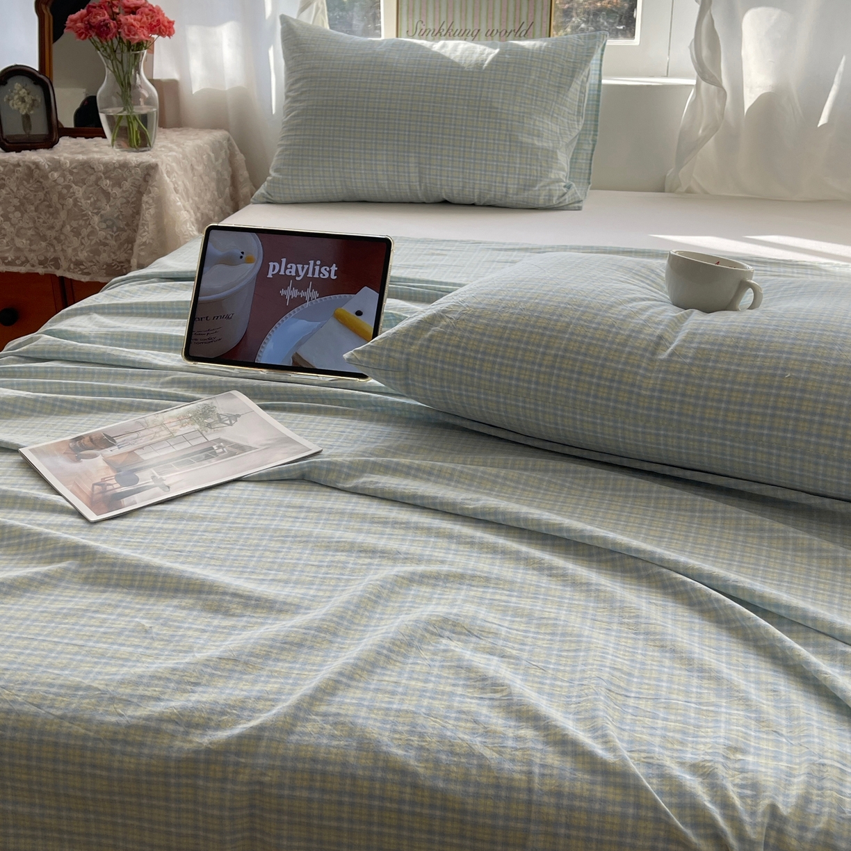 91家纺网 家纺一手货源 找家纺 六巷胡同 2026新款A类全棉纯棉水洗棉色织格子单品床单 床单单件 知序-蓝格