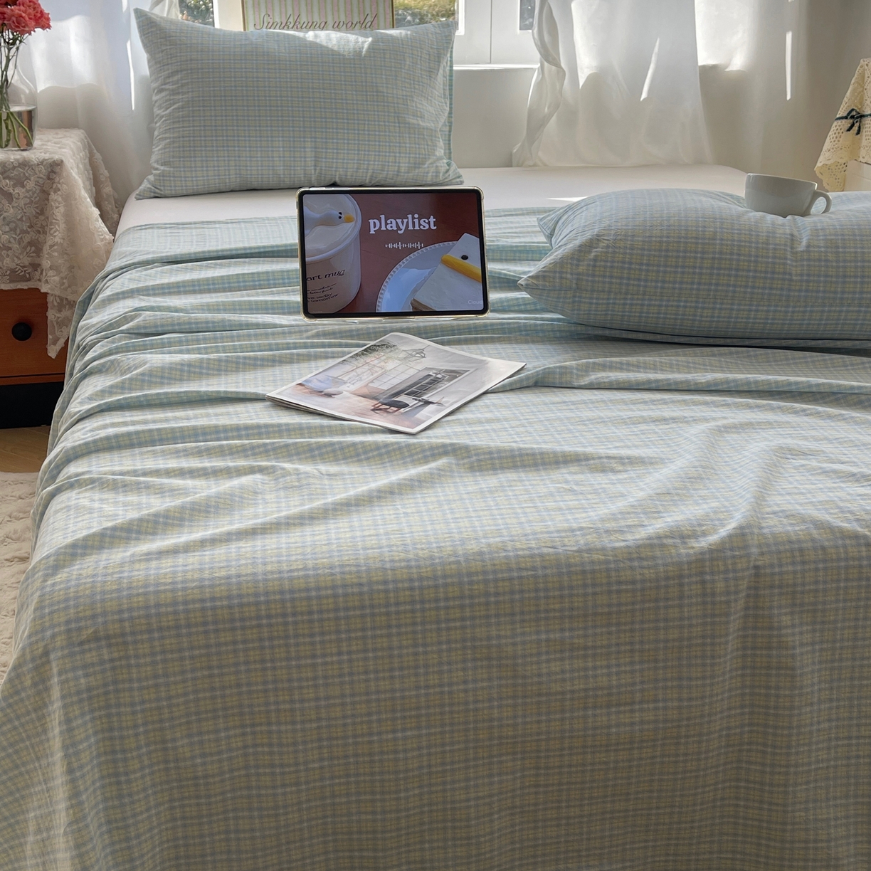 91家纺网 家纺一手货源 找家纺 六巷胡同 2026新款A类全棉纯棉水洗棉色织格子单品床单 床单单件 知序-蓝格