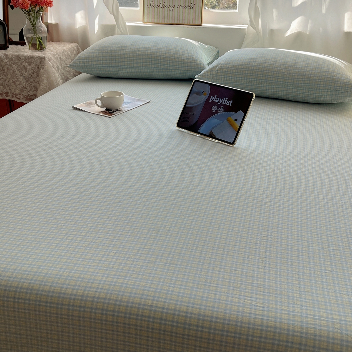 91家纺网 家纺一手货源 找家纺 六巷胡同 2026新款A类全棉纯棉水洗棉色织格子单品床单 床单单件 知序-蓝格