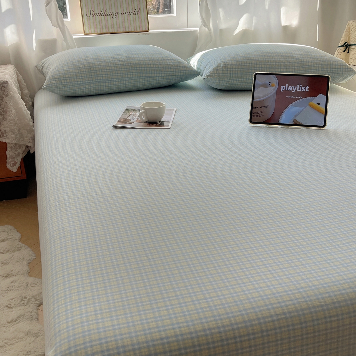 91家纺网 家纺一手货源 找家纺 六巷胡同 2026新款A类全棉纯棉水洗棉色织格子单品床单 床单单件 知序-蓝格