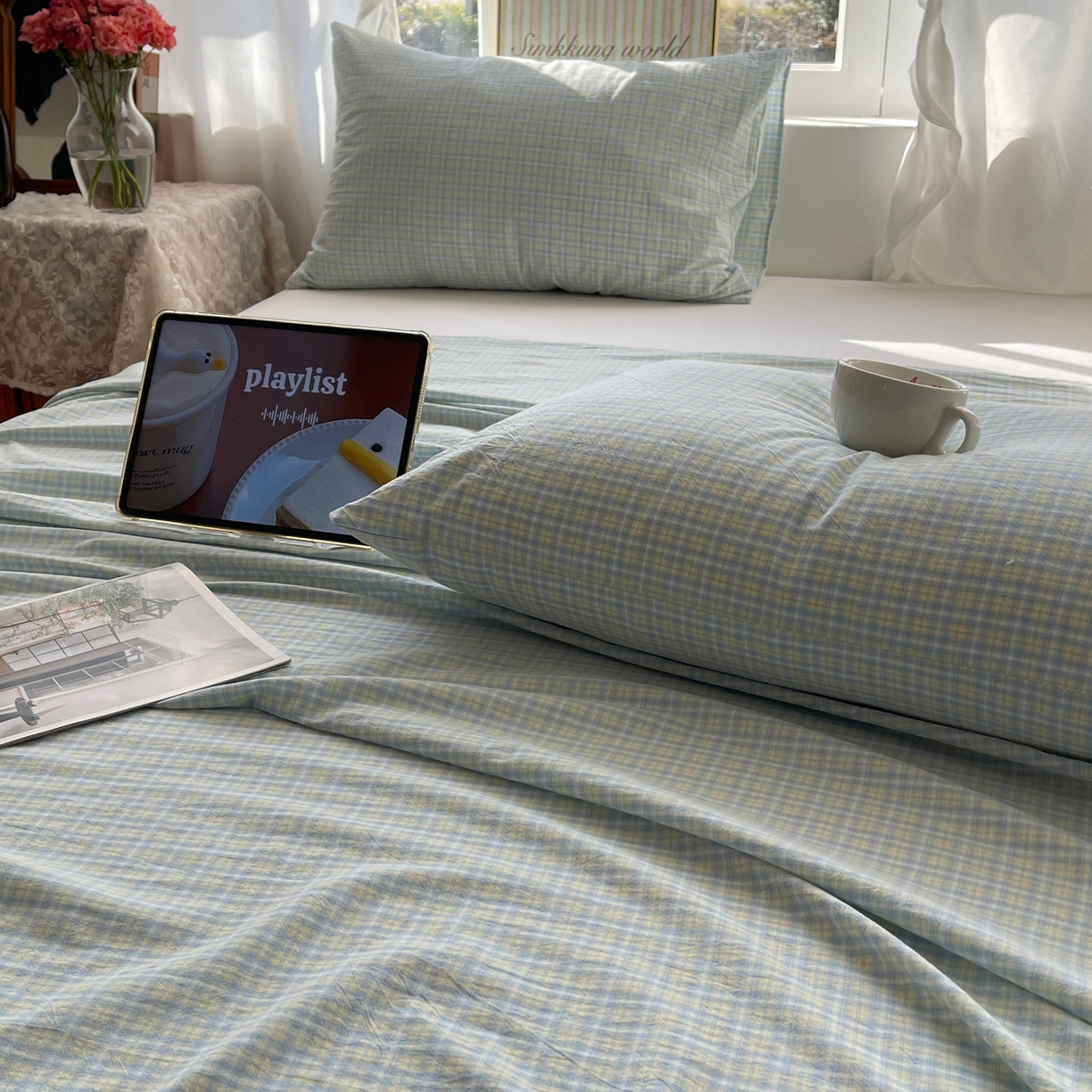 91家纺网 家纺一手货源 找家纺 六巷胡同 2026新款A类全棉纯棉水洗棉色织格子单品床单 床单单件 知序-蓝格