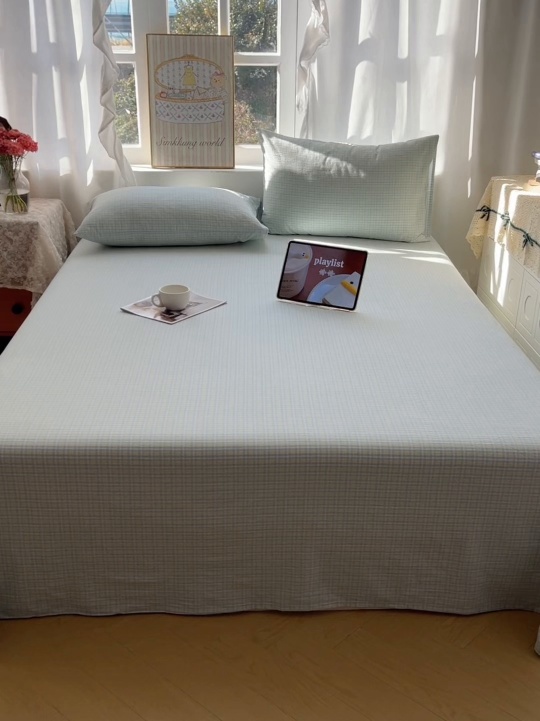 91家纺网 家纺一手货源 找家纺 六巷胡同 2026新款A类全棉纯棉水洗棉色织格子单品床单 床单单件 知序-蓝格