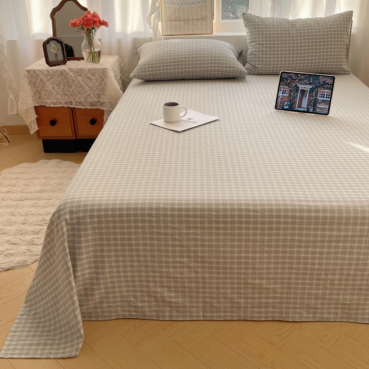 91家纺网 家纺一手货源 找家纺 六巷胡同 2026新款A类全棉纯棉水洗棉色织格子单品床单 床单单件 知序-绿格