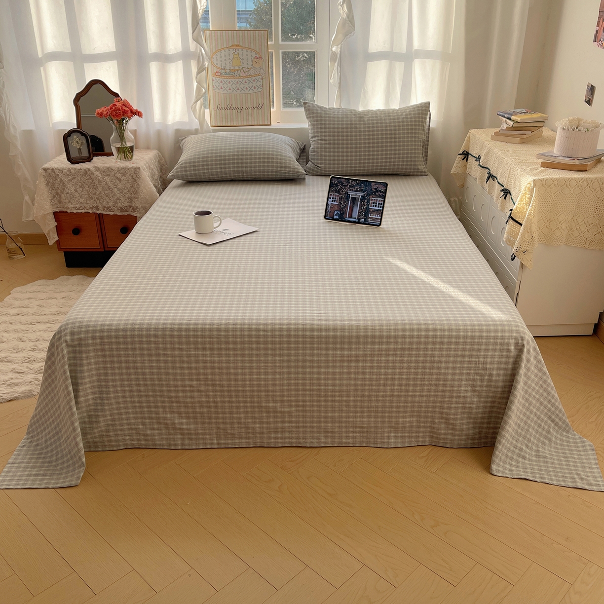 91家纺网 家纺一手货源 找家纺 六巷胡同 2026新款A类全棉纯棉水洗棉色织格子单品床单 床单单件 知序-绿格