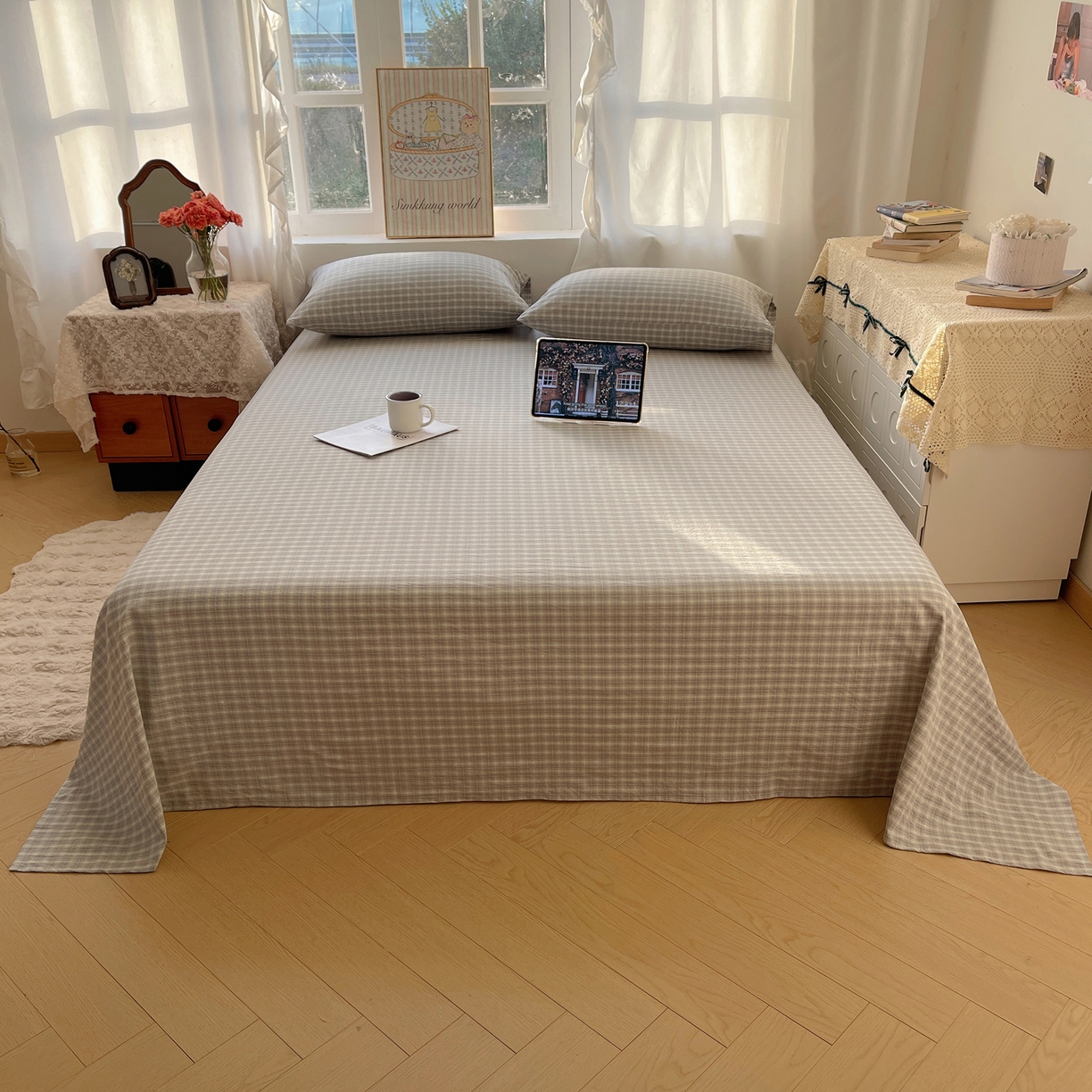 91家纺网 家纺一手货源 找家纺 六巷胡同 2026新款A类全棉纯棉水洗棉色织格子单品床单 床单单件 知序-绿格