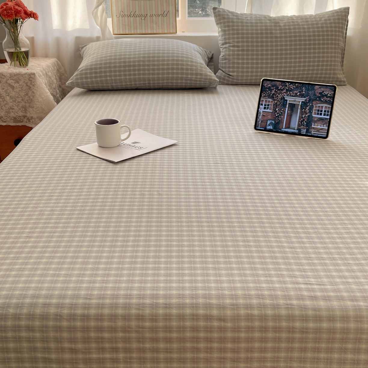 91家纺网 家纺一手货源 找家纺 六巷胡同 2026新款A类全棉纯棉水洗棉色织格子单品床单 床单单件 知序-绿格