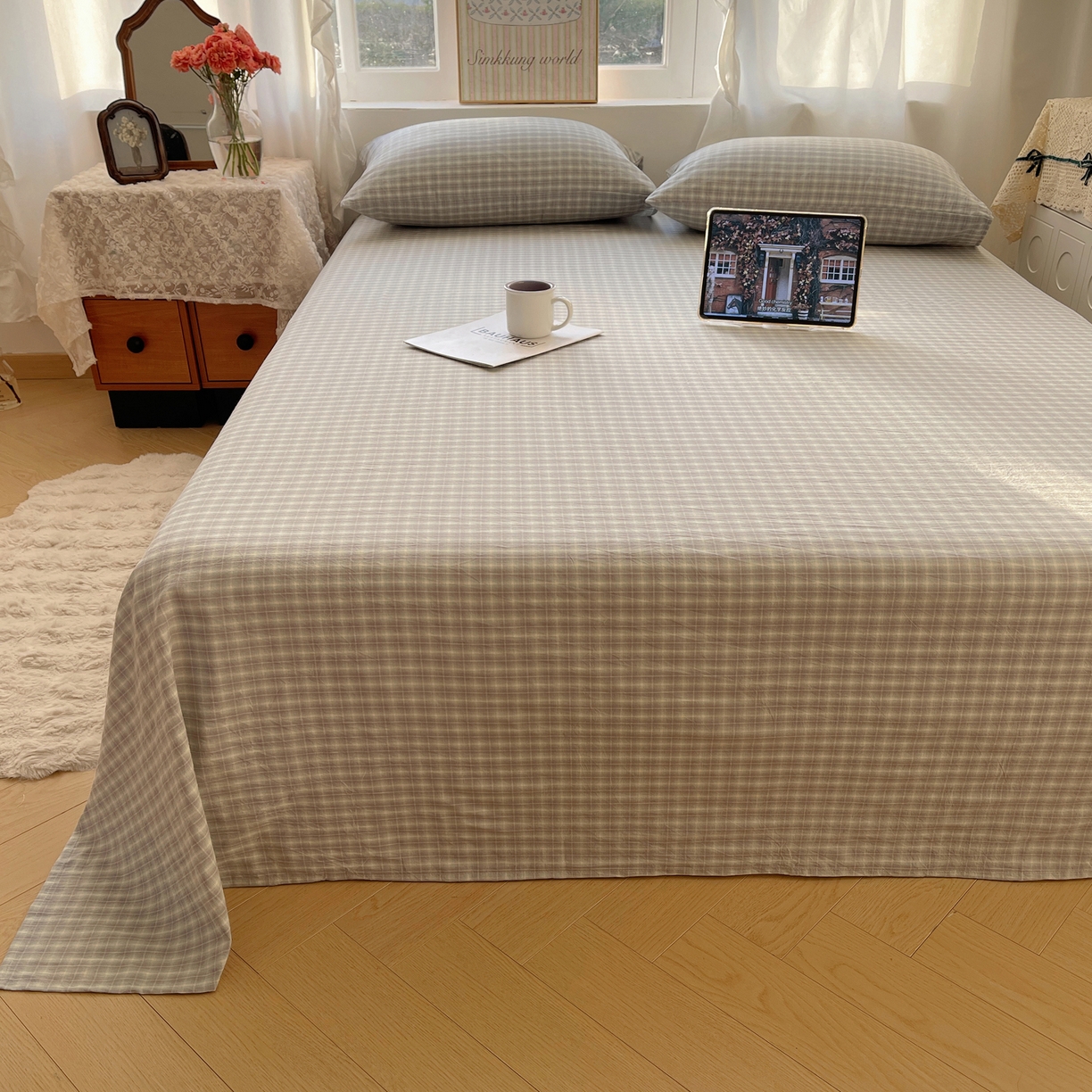 91家纺网 家纺一手货源 找家纺 六巷胡同 2026新款A类全棉纯棉水洗棉色织格子单品床单 床单单件 知序-绿格