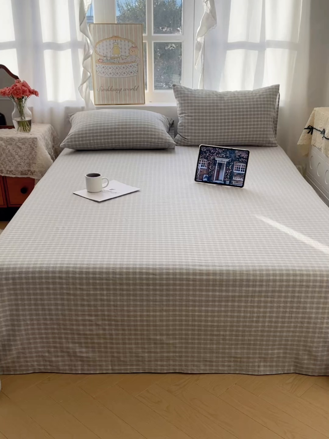 91家纺网 家纺一手货源 找家纺 六巷胡同 2026新款A类全棉纯棉水洗棉色织格子单品床单 床单单件 知序-绿格