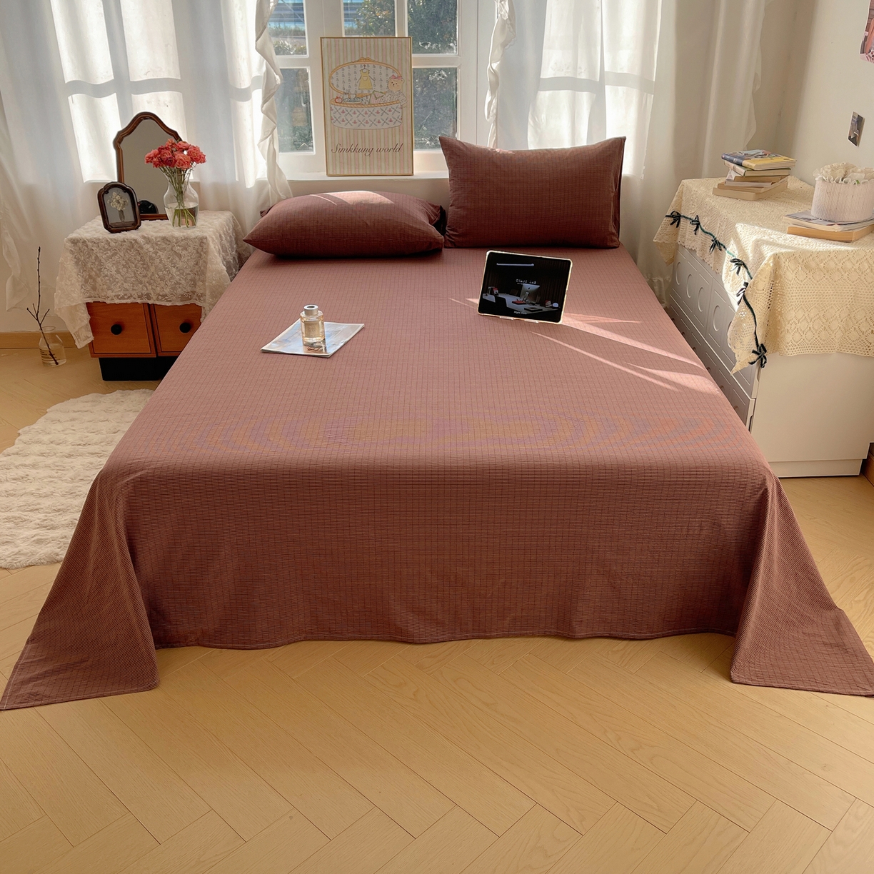 91家纺网 家纺一手货源 找家纺 六巷胡同 2026新款A类全棉纯棉水洗棉色织格子单品床单 床单单件 逐风-红格