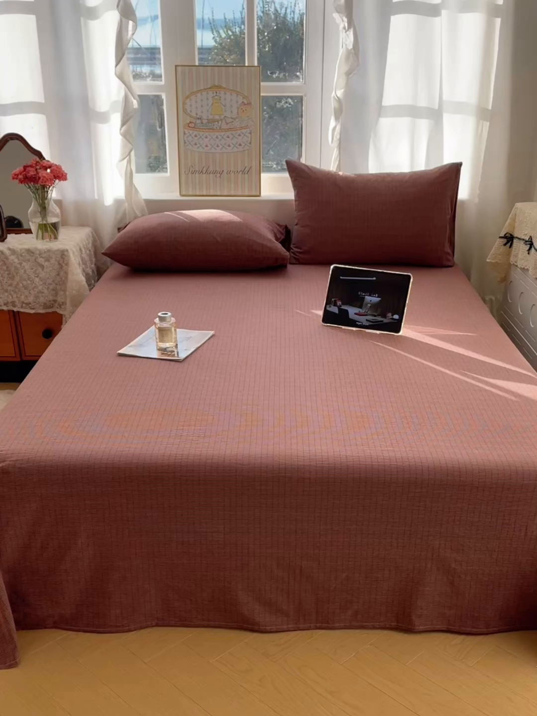 91家纺网 家纺一手货源 找家纺 六巷胡同 2026新款A类全棉纯棉水洗棉色织格子单品床单 床单单件 逐风-红格