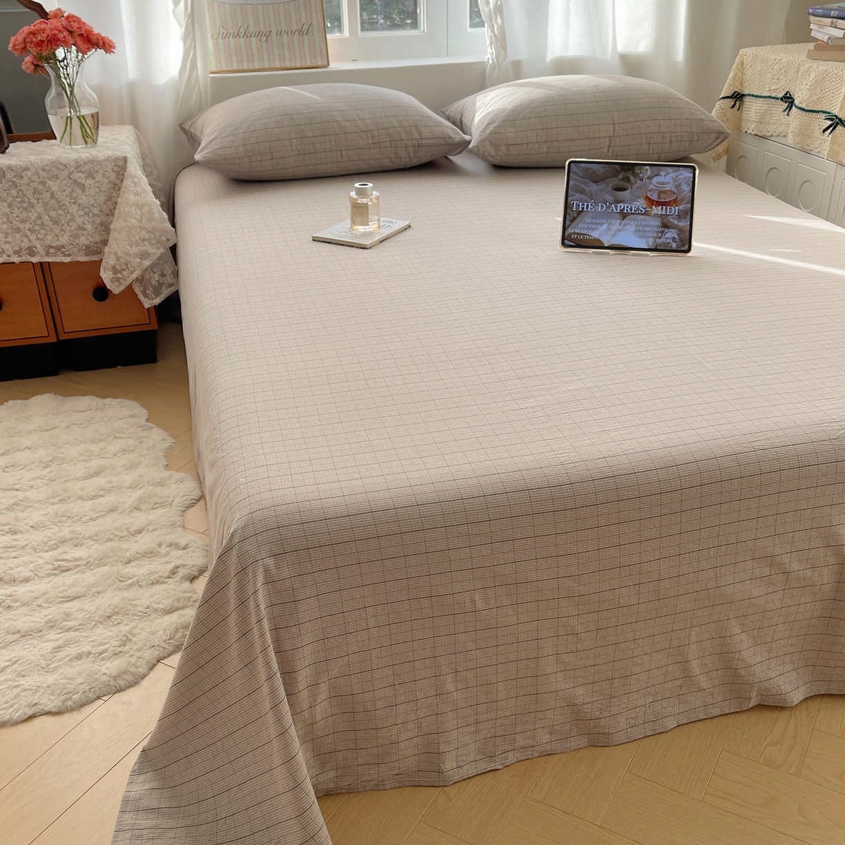 六巷胡同 2026新款A类全棉纯棉水洗棉色织格子单品床单 床单单件 逐风-灰格