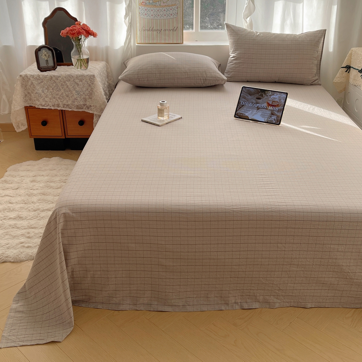 91家纺网 家纺一手货源 找家纺 六巷胡同 2026新款A类全棉纯棉水洗棉色织格子单品床单 床单单件 逐风-灰格