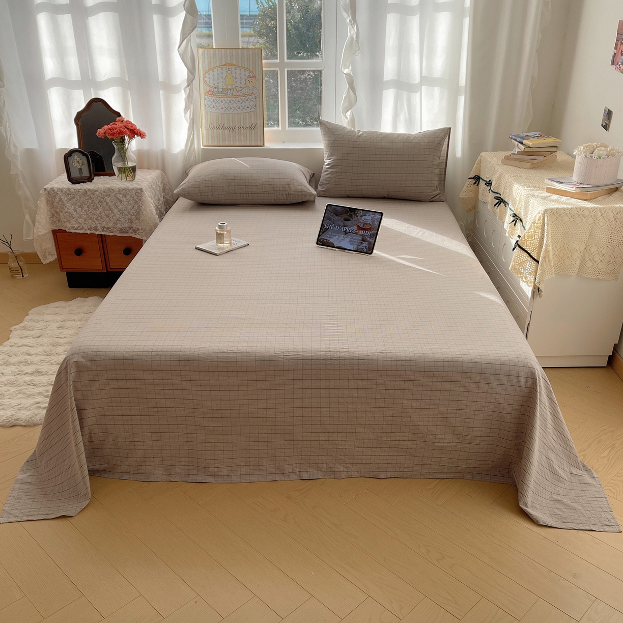 91家纺网 家纺一手货源 找家纺 六巷胡同 2026新款A类全棉纯棉水洗棉色织格子单品床单 床单单件 逐风-灰格