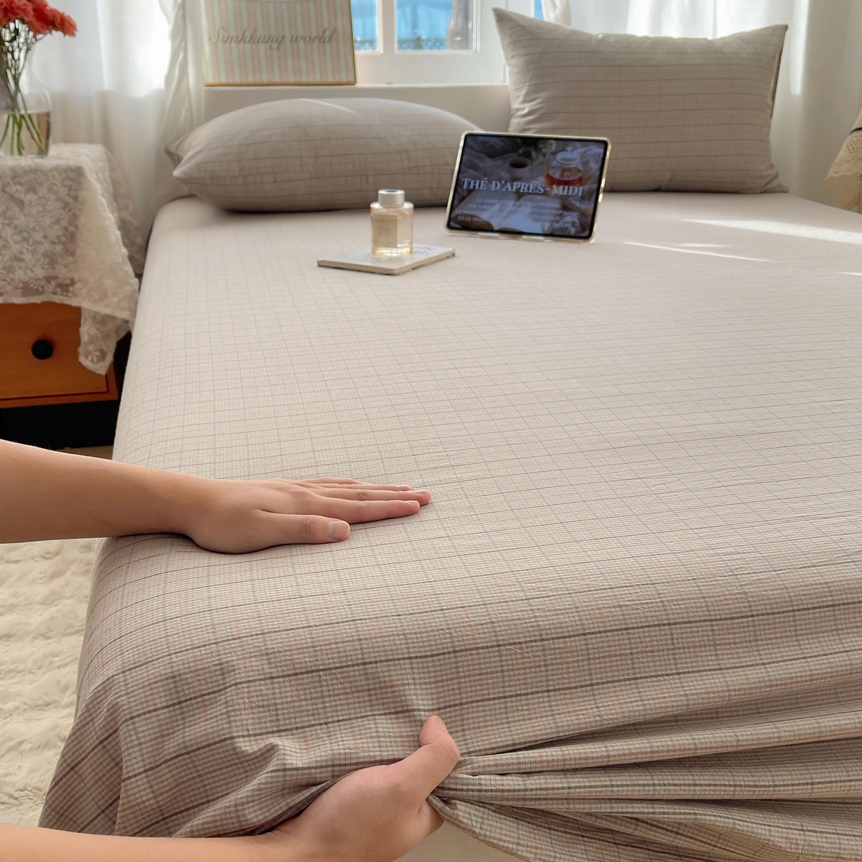 91家纺网 家纺一手货源 找家纺 六巷胡同 2026新款A类全棉纯棉水洗棉色织格子单品床单 床单单件 逐风-灰格