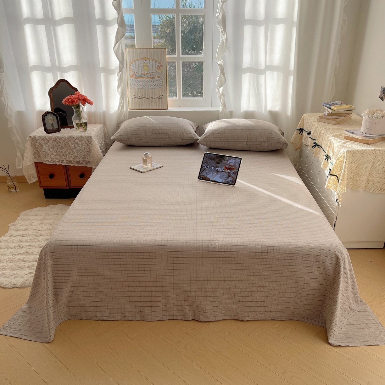 91家纺网 家纺一手货源 找家纺 六巷胡同 2026新款A类全棉纯棉水洗棉色织格子单品床单 床单单件 逐风-灰格