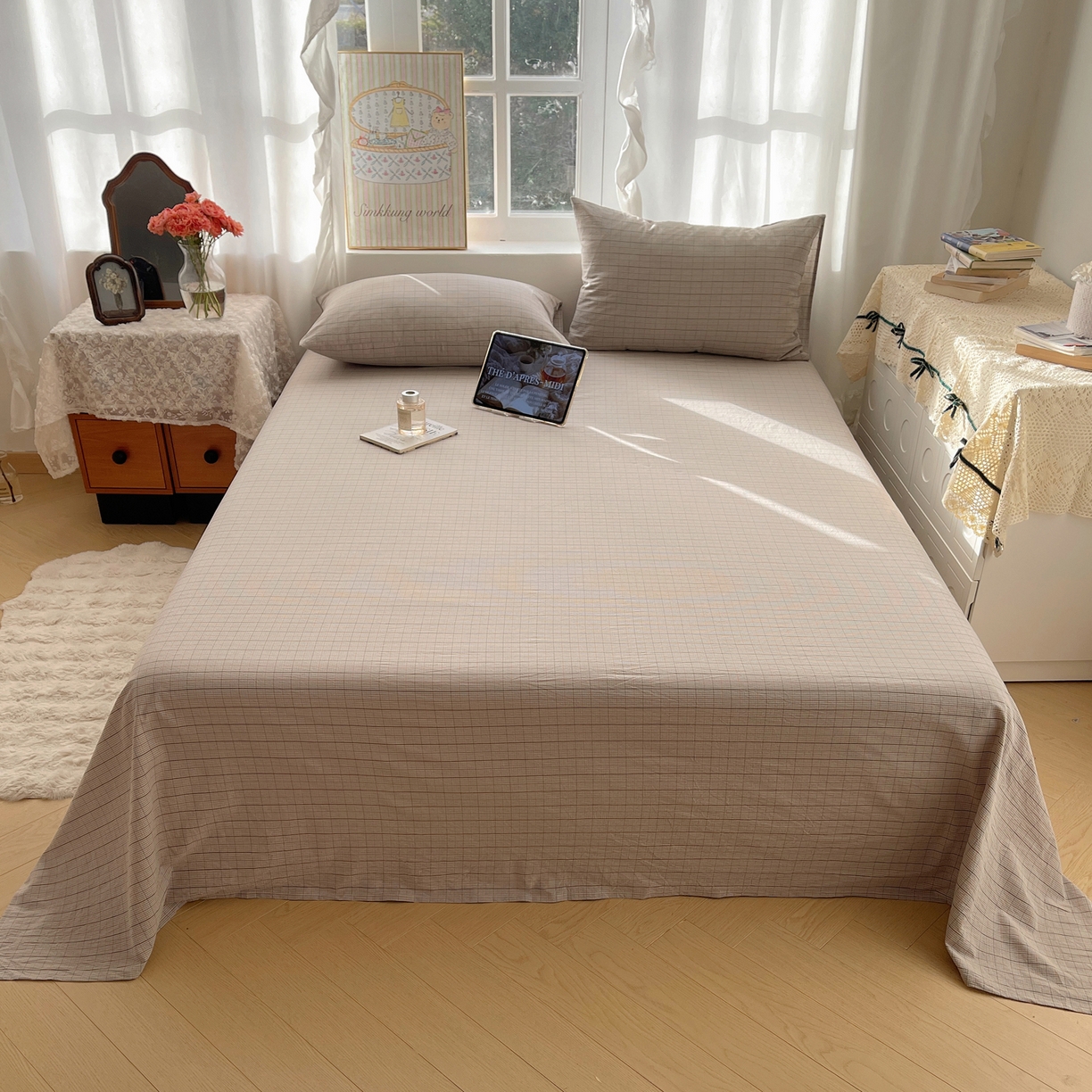 91家纺网 家纺一手货源 找家纺 六巷胡同 2026新款A类全棉纯棉水洗棉色织格子单品床单 床单单件 逐风-灰格