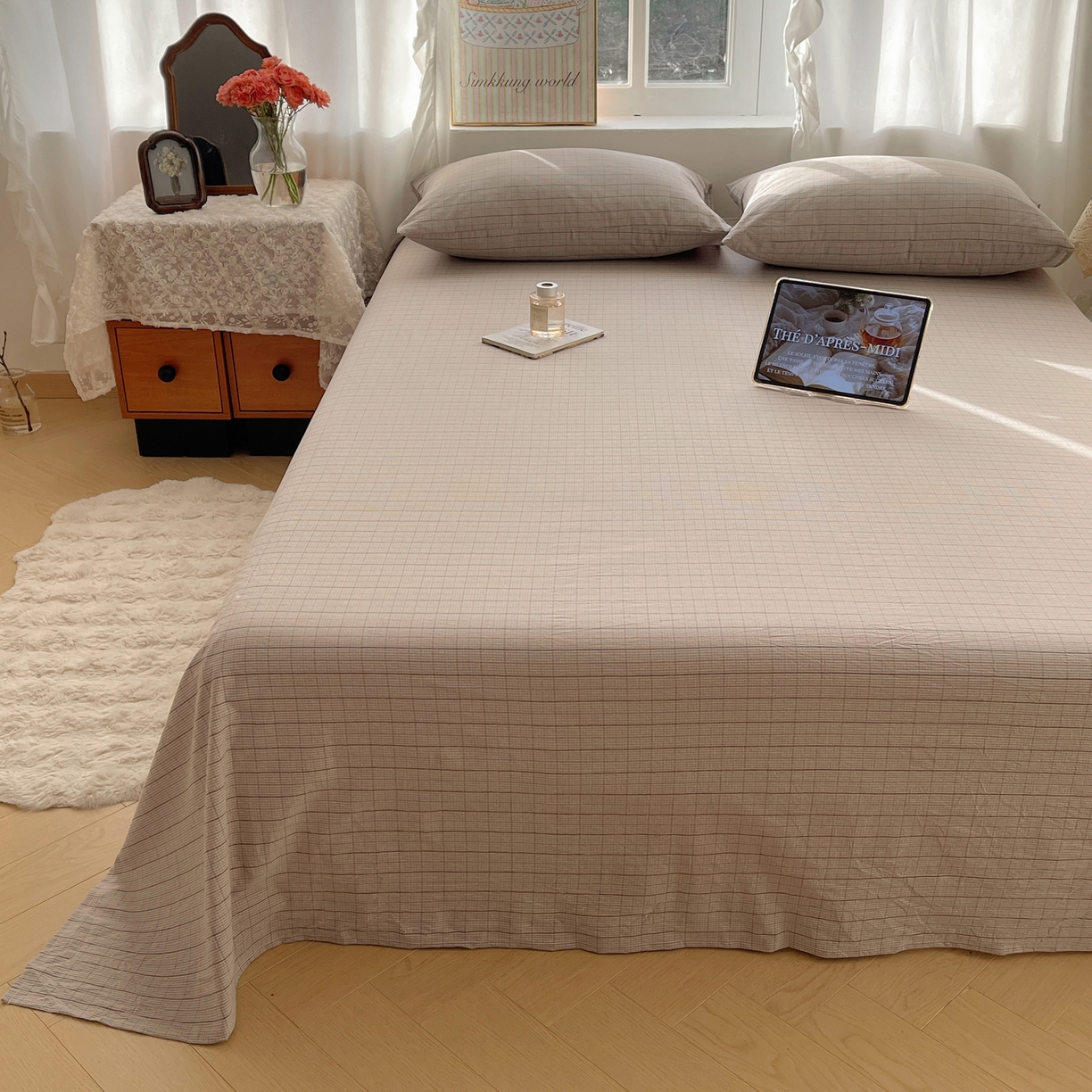 91家纺网 家纺一手货源 找家纺 六巷胡同 2026新款A类全棉纯棉水洗棉色织格子单品床单 床单单件 逐风-灰格